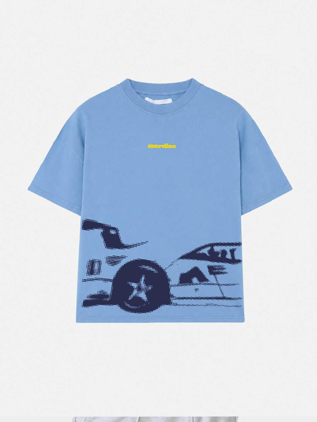 Light blue t-shirt with car graphic and yellow text on a white background
