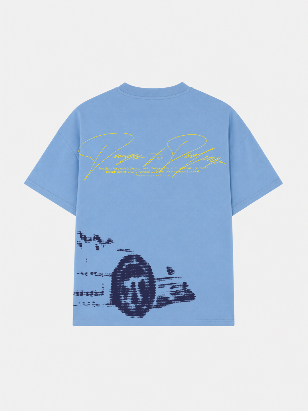 Light blue t-shirt with graphic design and text on a white background