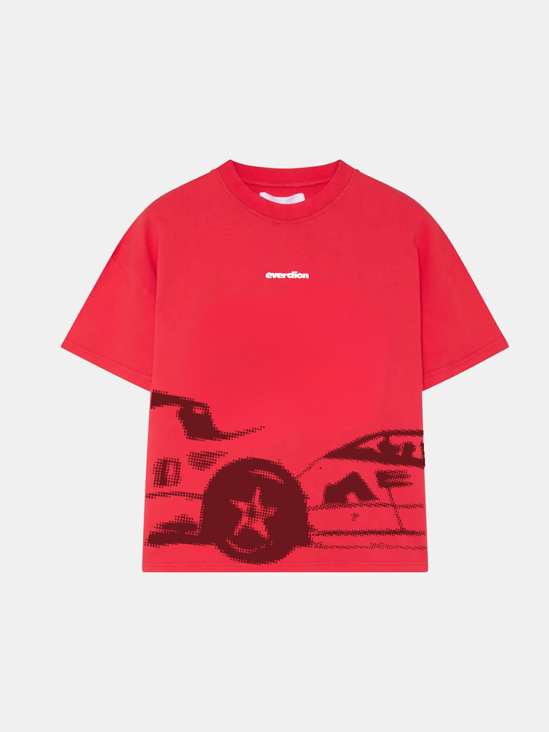 Red t-shirt with black car graphic and white text on a light grey background