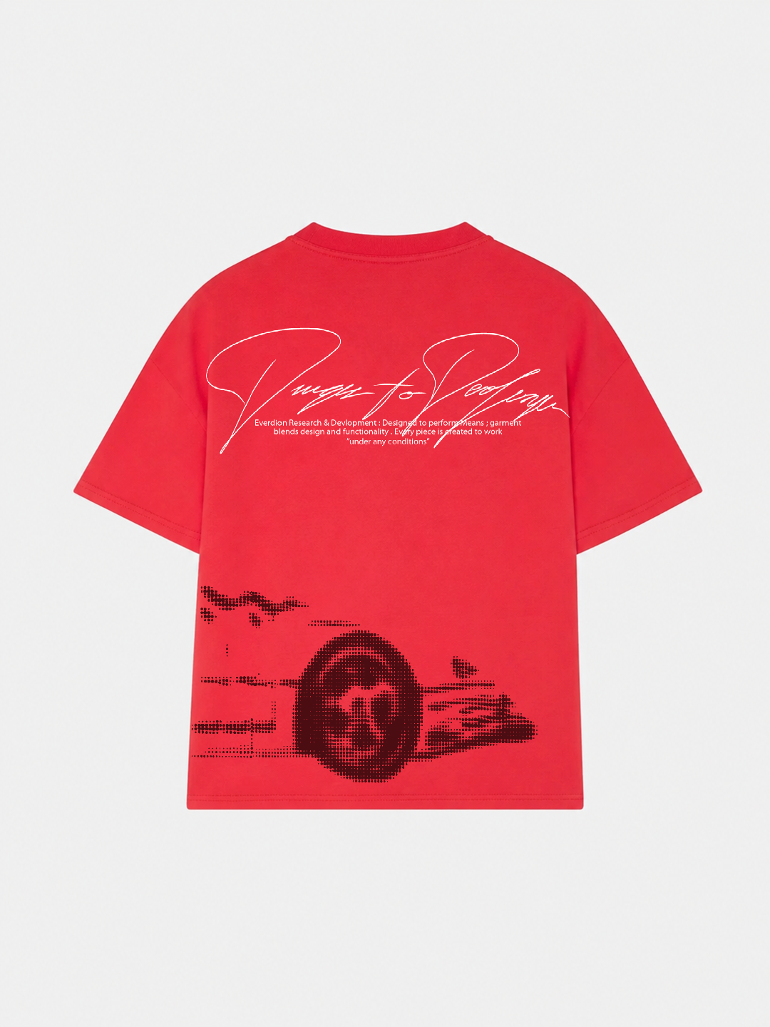 Red t-shirt with black graphic design on a white background
