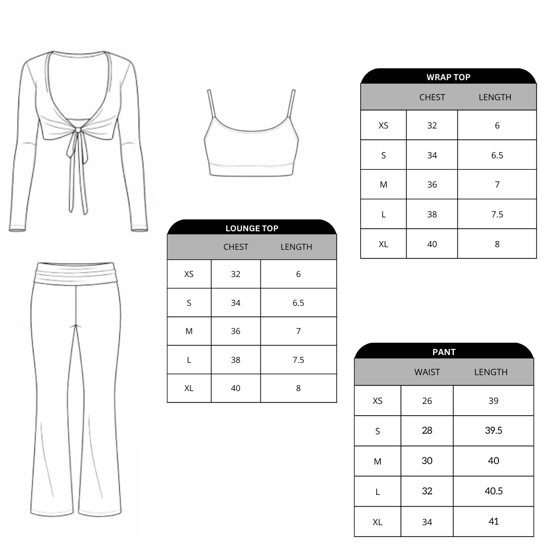 Size chart for Juicy Pilates 3 piece set