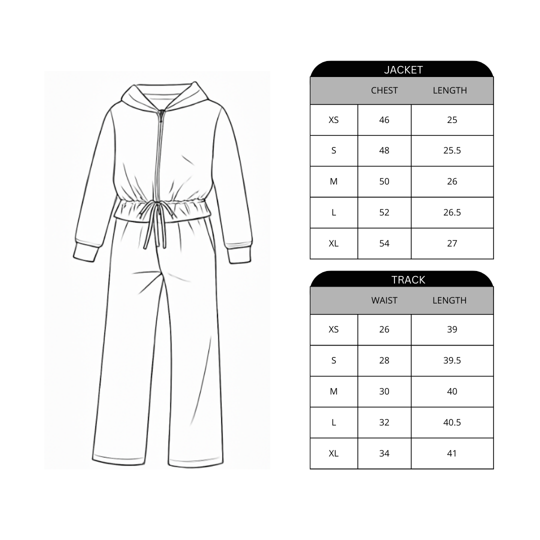 Outline of a tracksuit with measurement charts for jacket and track sections on a white background.
