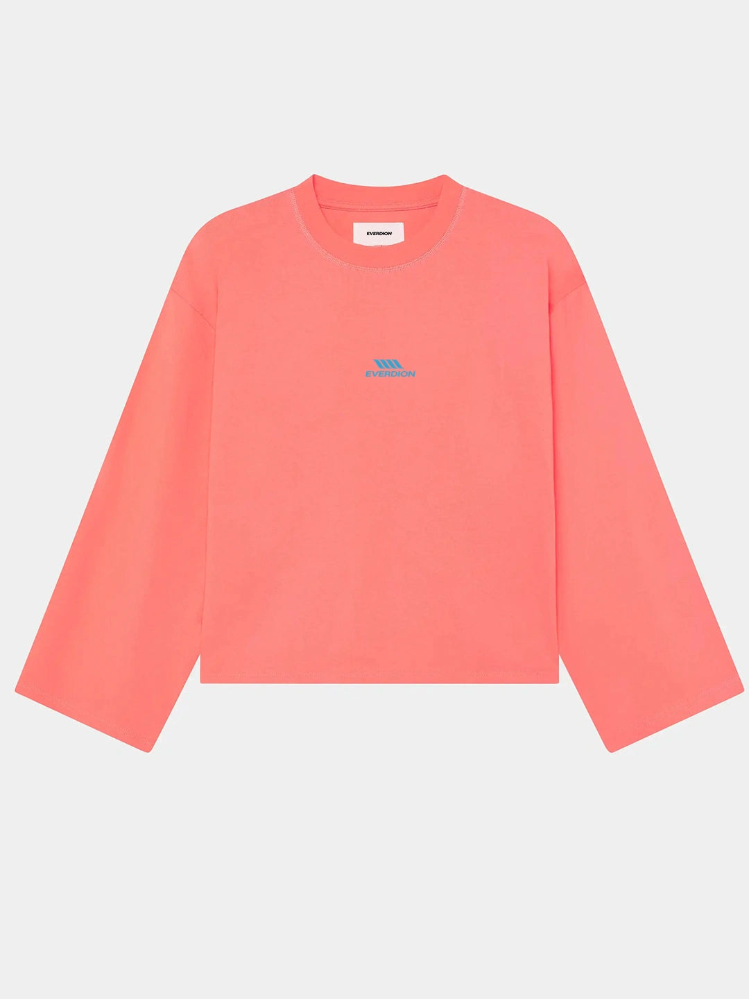 A coral pink long-sleeve crewneck sweatshirt with a small blue embroidered logo on the left chest, displayed flat 