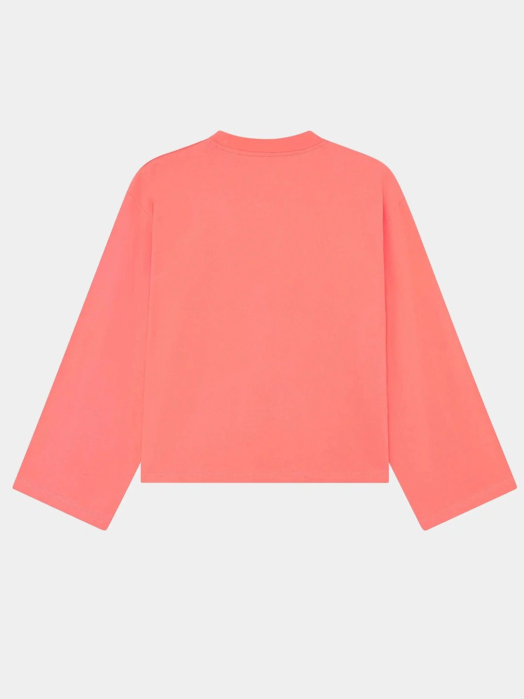 A coral pink long-sleeve crop top shown from the back