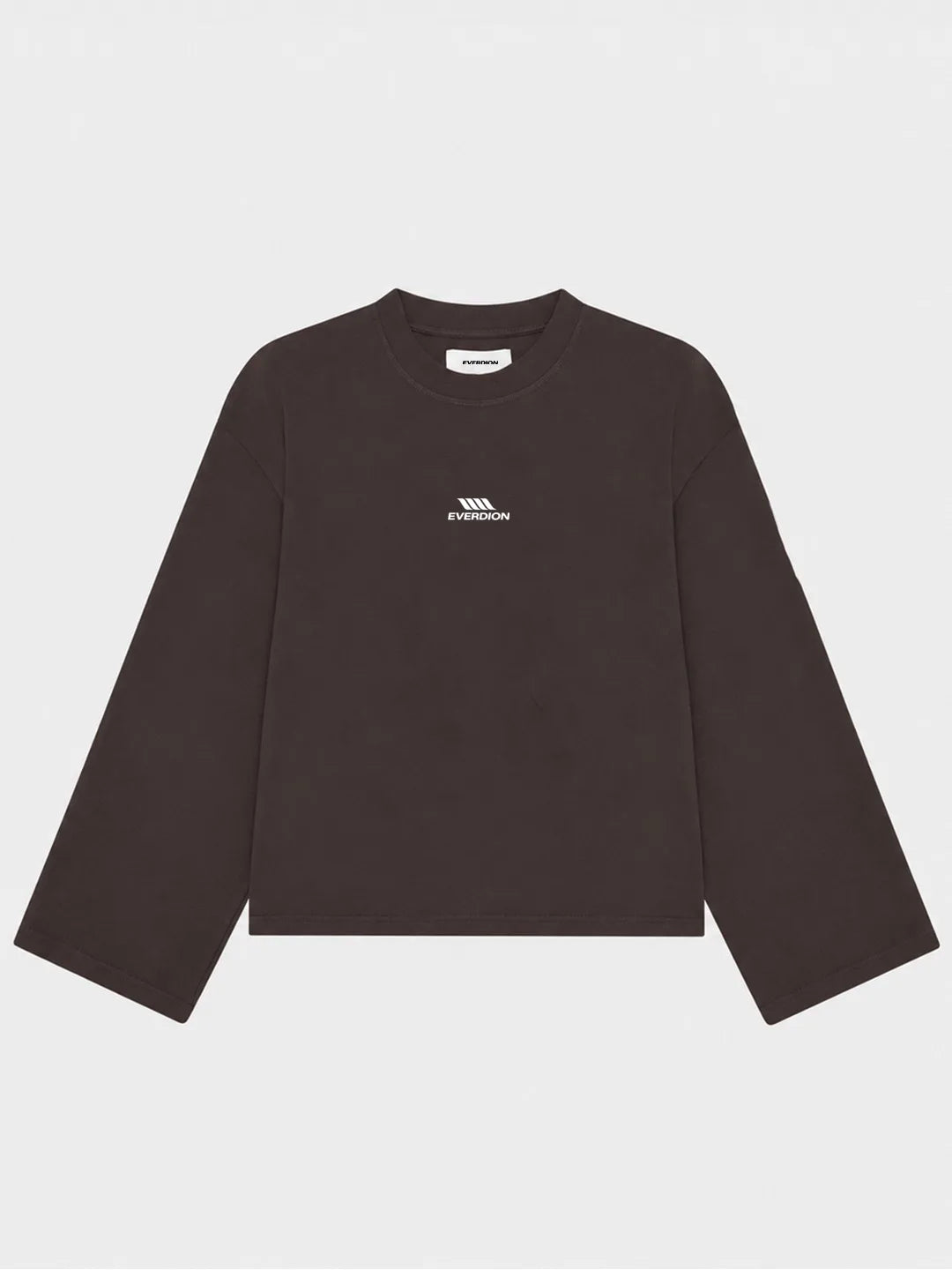 A dark brown long-sleeve crewneck tshirt with a small white embroidered logo on the left chest