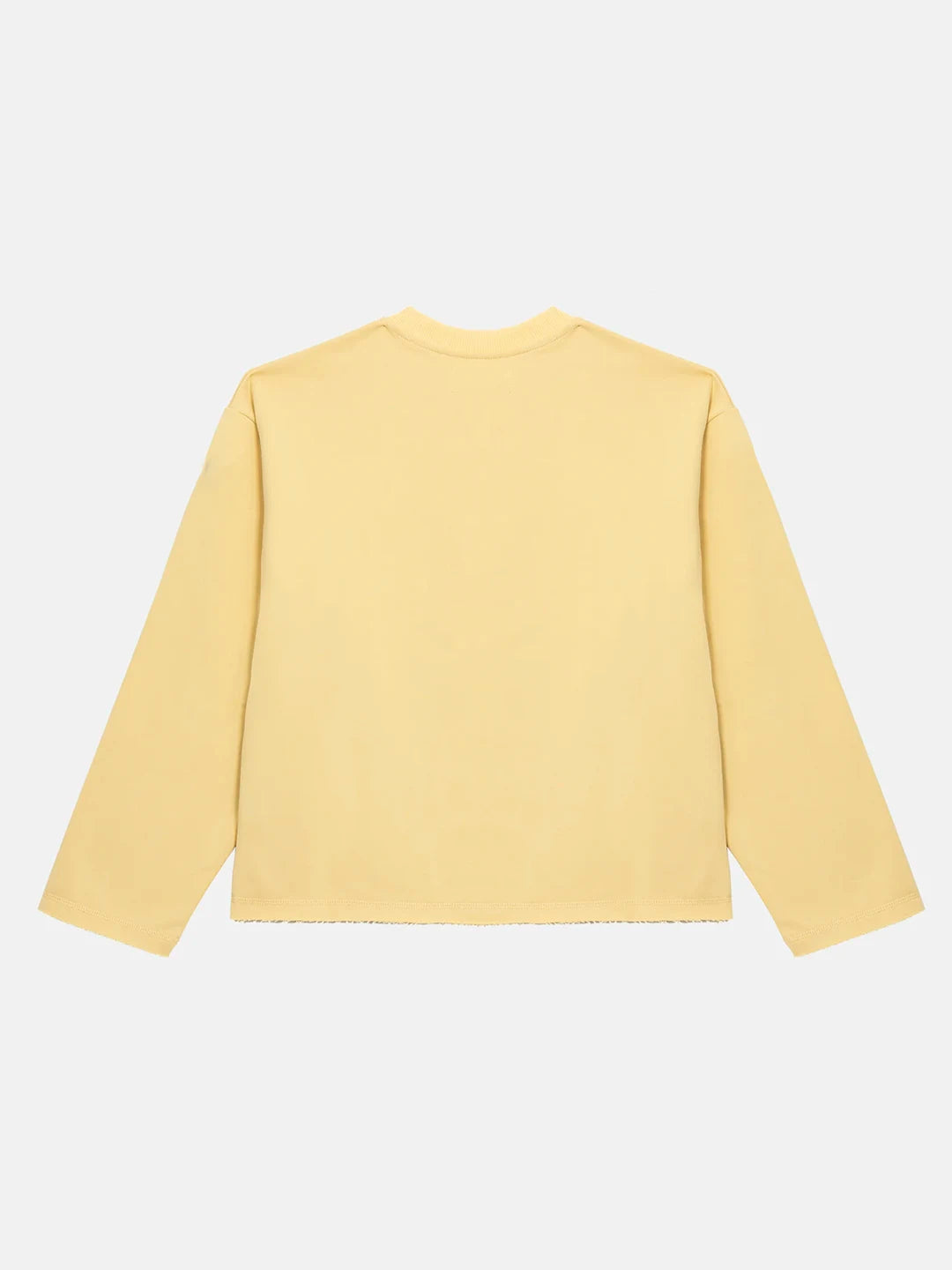 A pale yellow long-sleeve top shown from the back, laid flat against a light grey background.