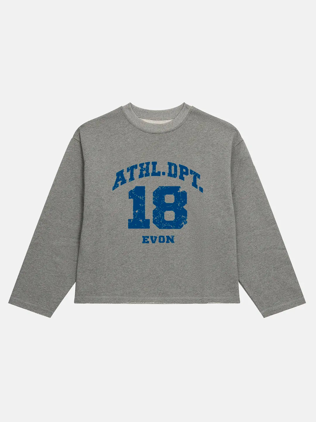 A heather grey long-sleeve crewneck tshirt with a blue distressed varsity-style graphic reading 'ATHL.DPT.