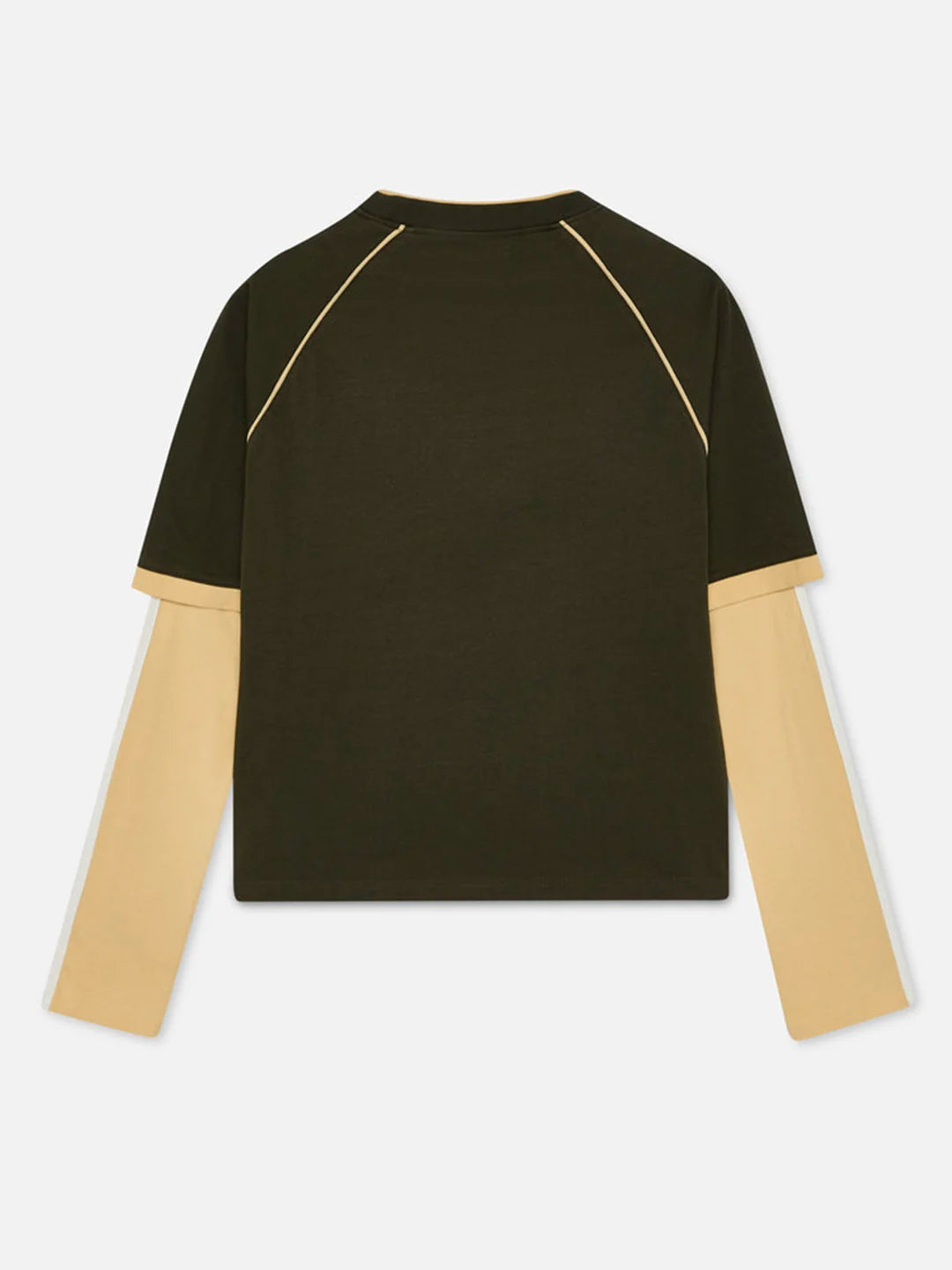 A short-sleeve top with a dark olive green body and contrasting light beige long sleeves