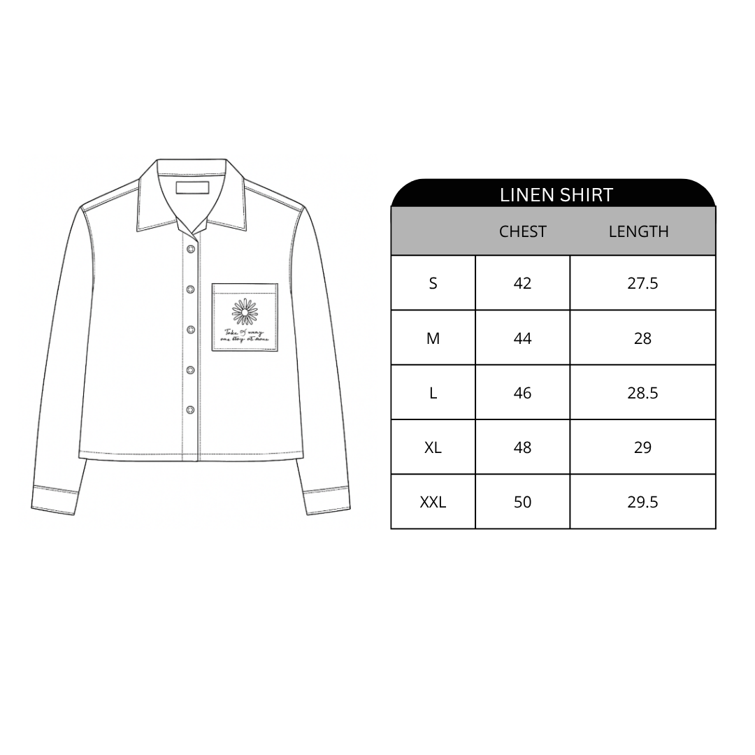 Linen shirt with size chart on a white background