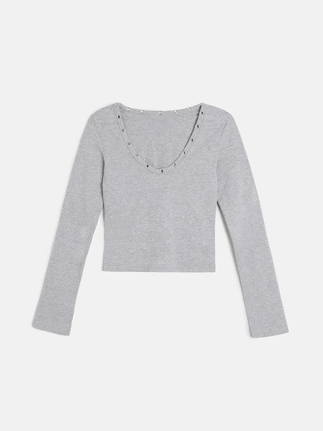 Gray long-sleeve top with decorative elements on a white background