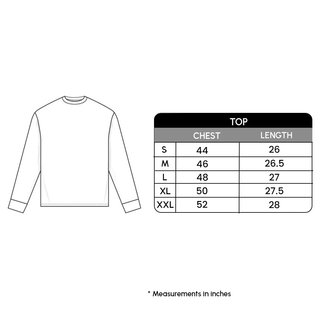 Measurement chart for a long-sleeve shirt with chest and length dimensions.