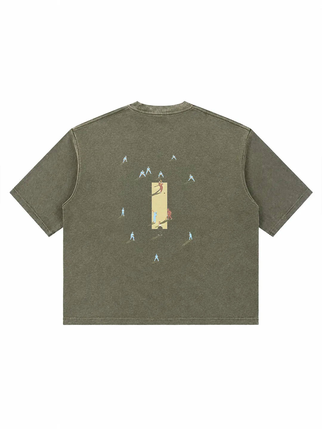 An olive green short-sleeve t-shirt with a central graphic print depicting a vertical beige rectangle surrounded by small blue and yellow figures, shown against a plain white background.