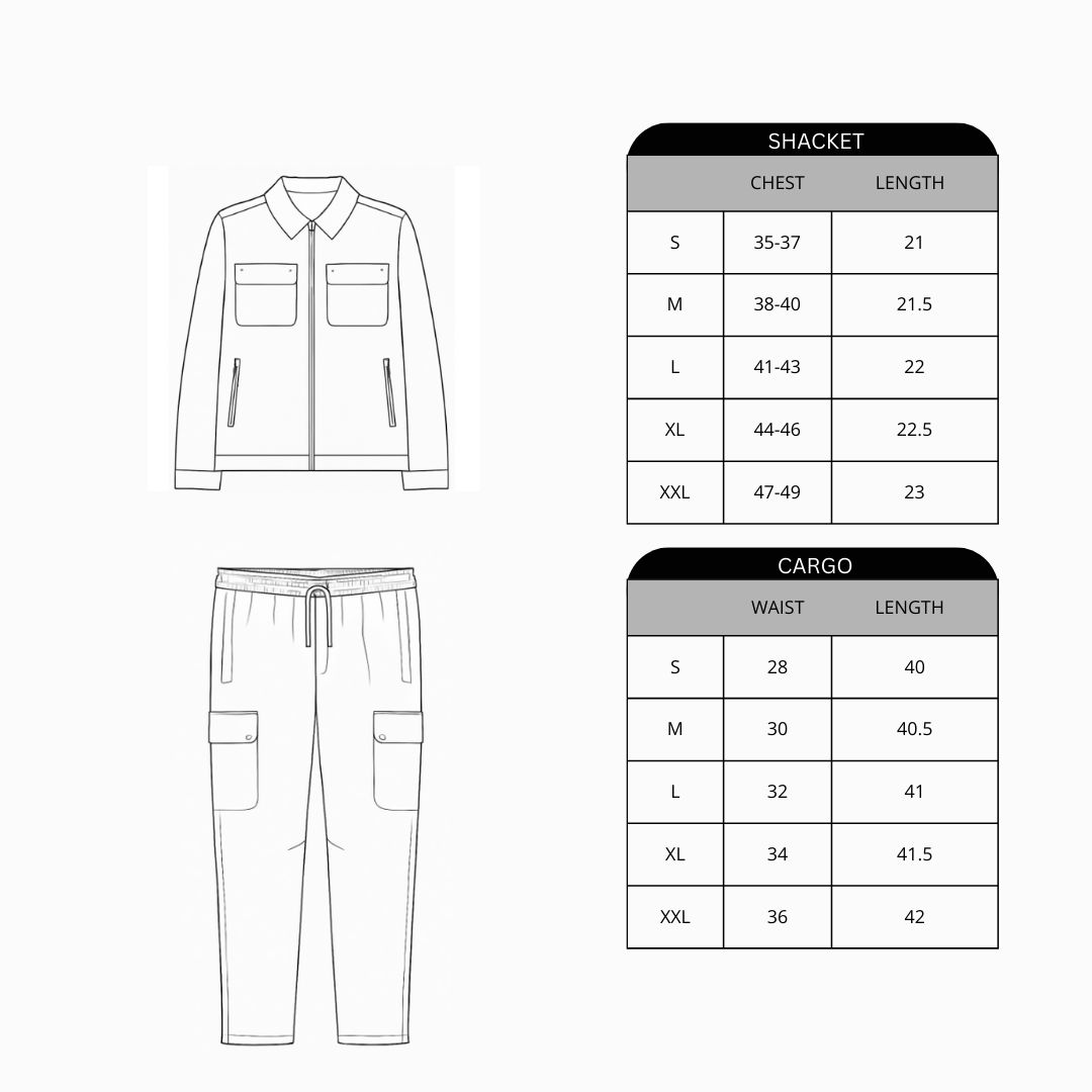 Measurement chart for shacket and cargo pants with size guides on a white background