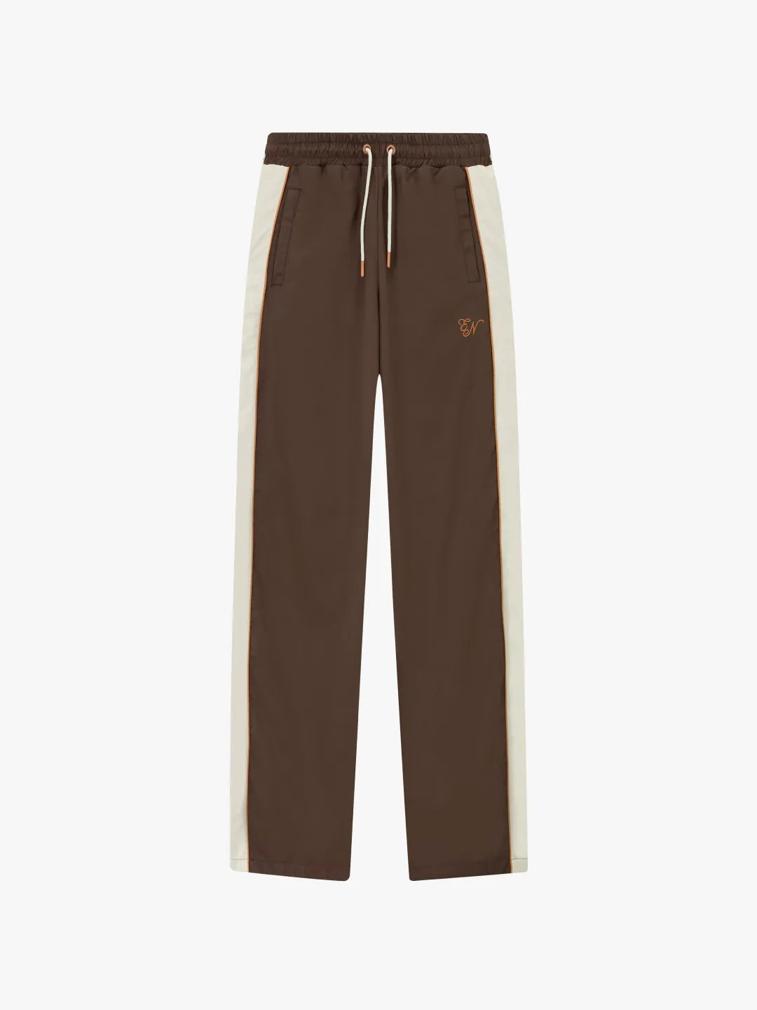 Brown pants with white side stripes on a white background