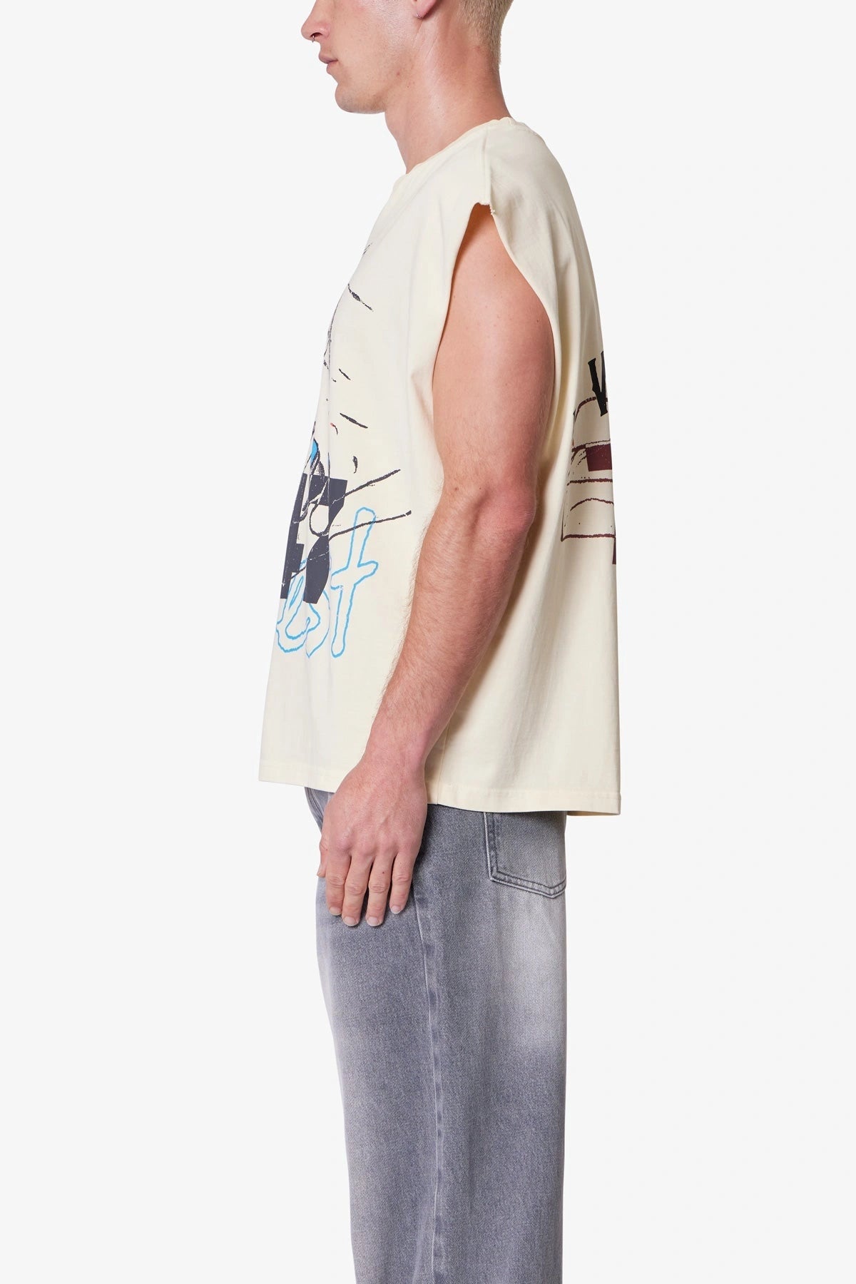 Side of Men’s beige sleeveless printed tank top with notched crew neck, oversized fit, and bold distressed streetwear print