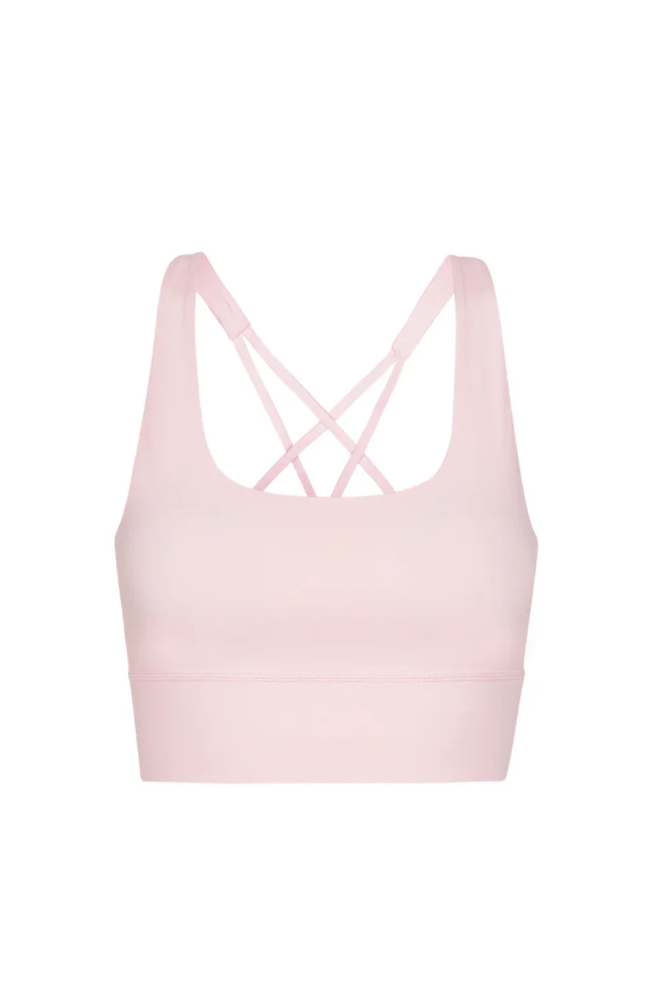 Pink sports bra with criss-cross straps on a white background