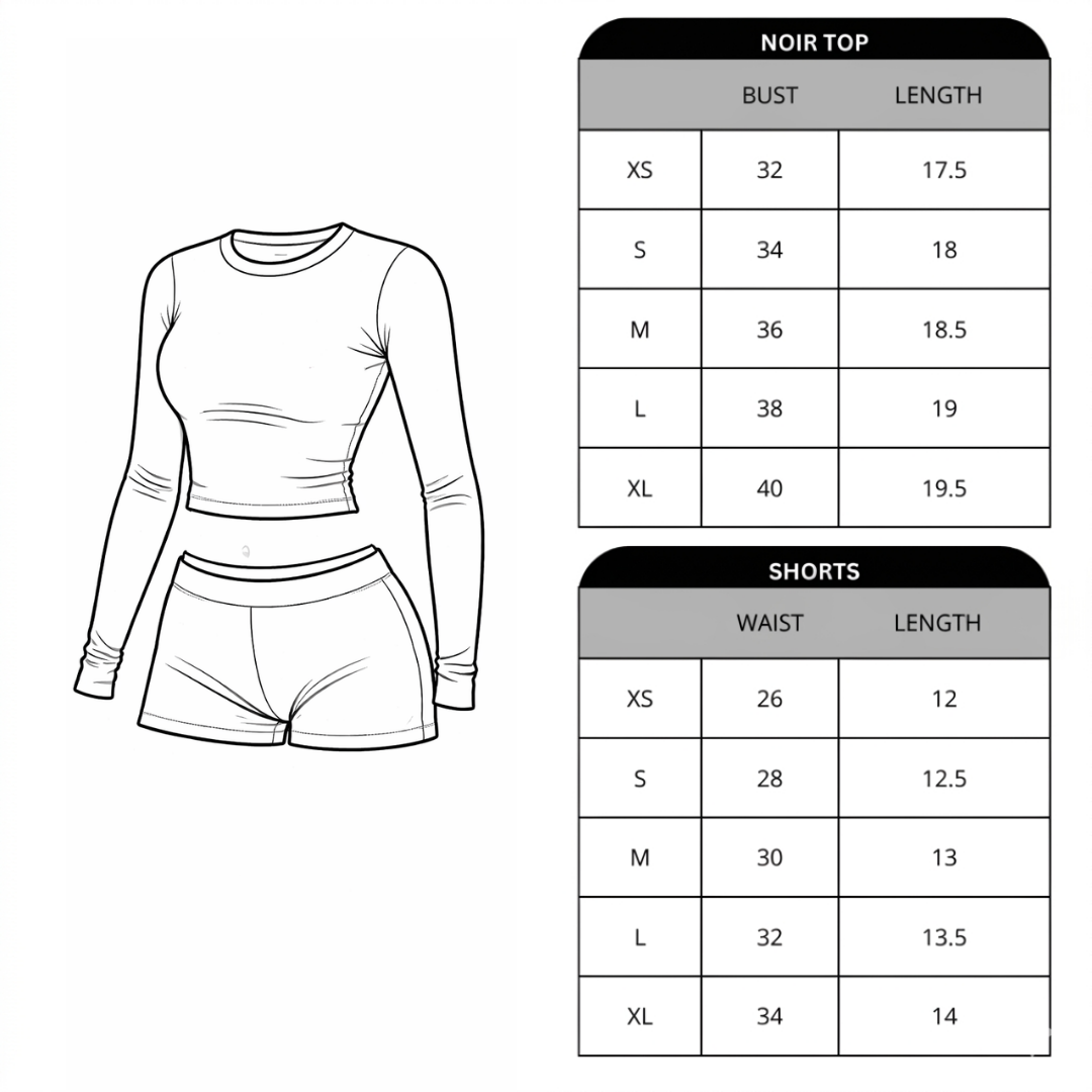 Size chart for Noir Top and Shorts Set
