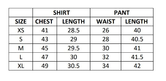 Size chart for Pinstripe Set