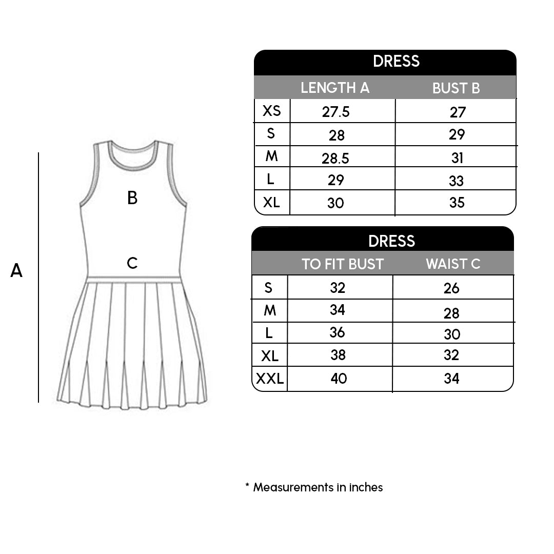 Size chart for Pleated Scuba Tennis Dress