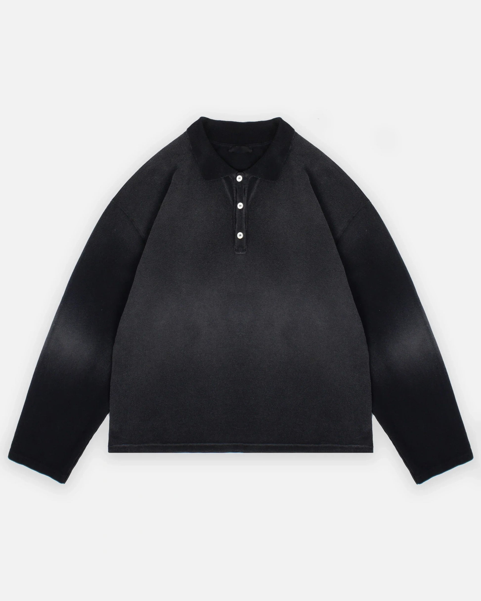 Black long-sleeve polo shirt with buttons on a white background
