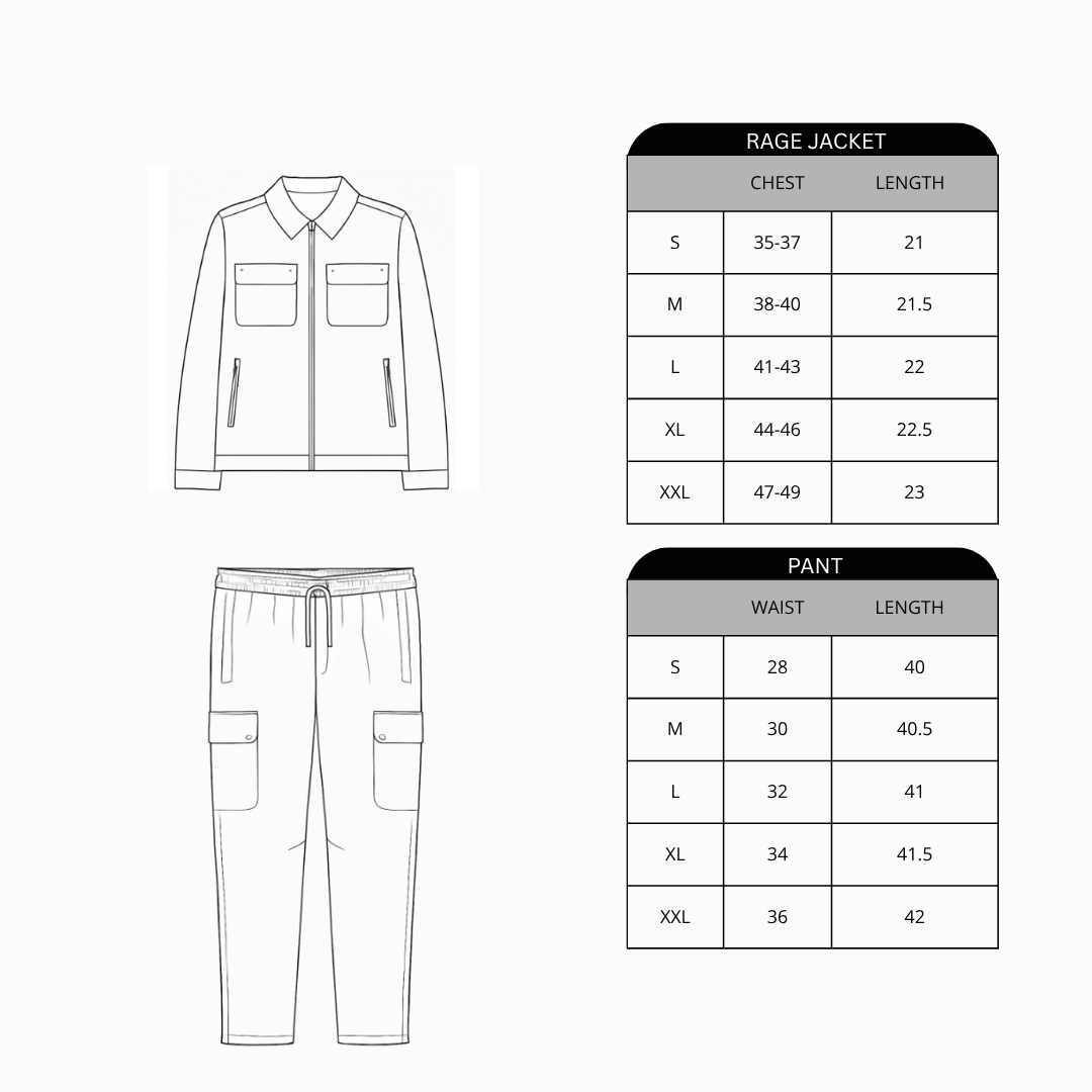 Measurement chart for Rage jacket and pants on a white background