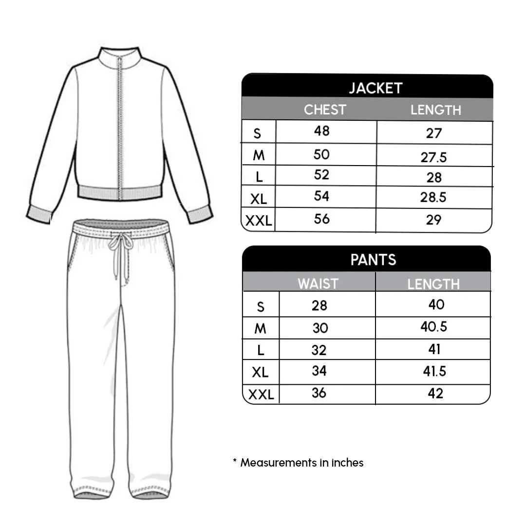 Measurement chart for a jacket and pants set with size charts on a white background.