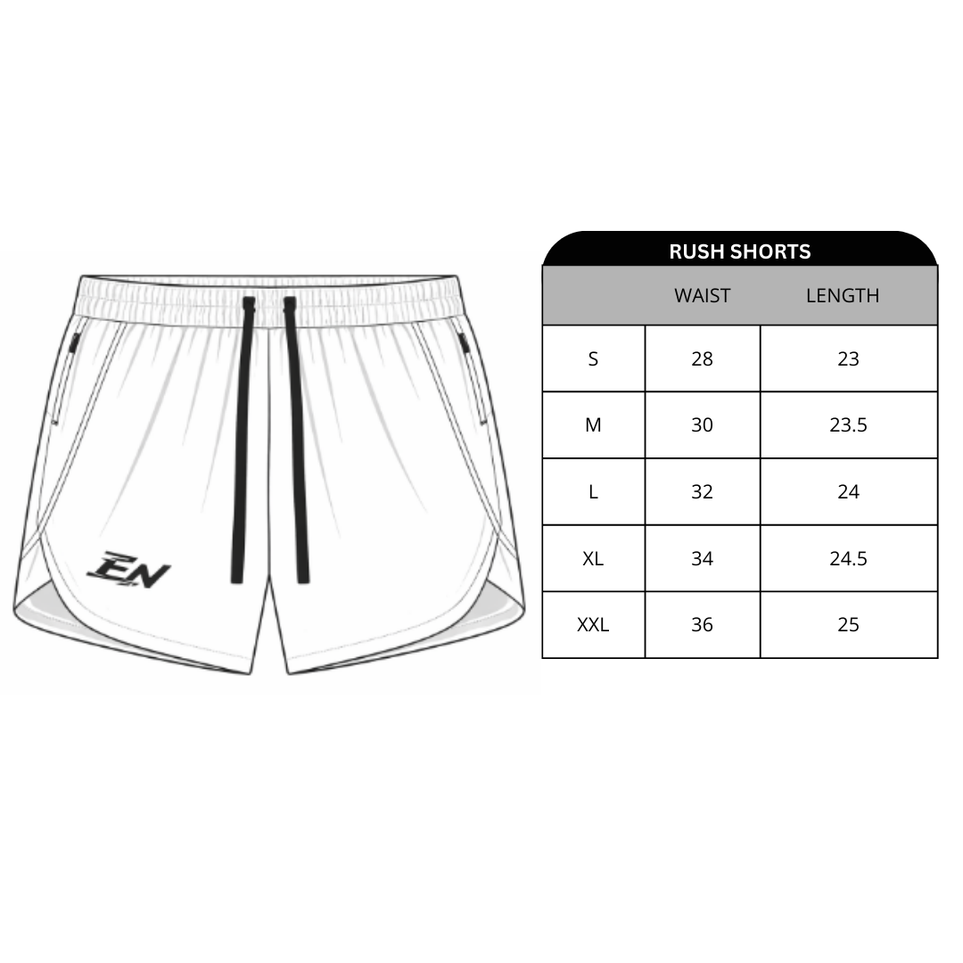 Size chart for Rush Shorts with Towel Loop