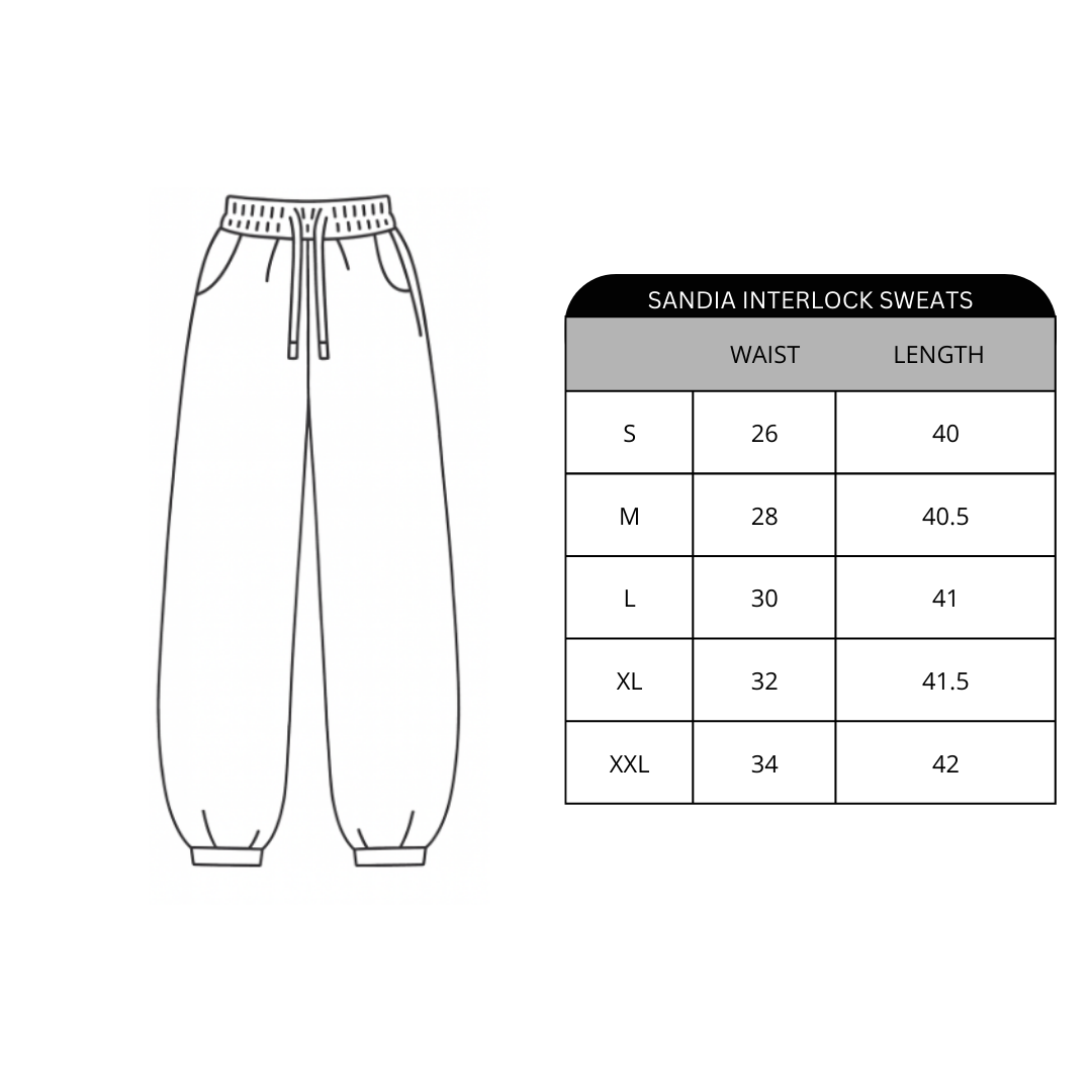 Size chart for Sandia Interlock Sweats
