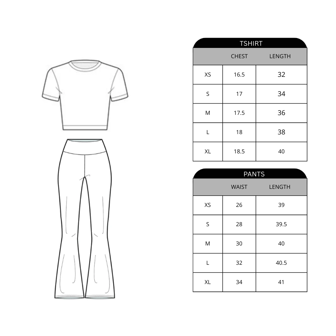 Size chart for Molly Rhinestone Top & Flare Legging