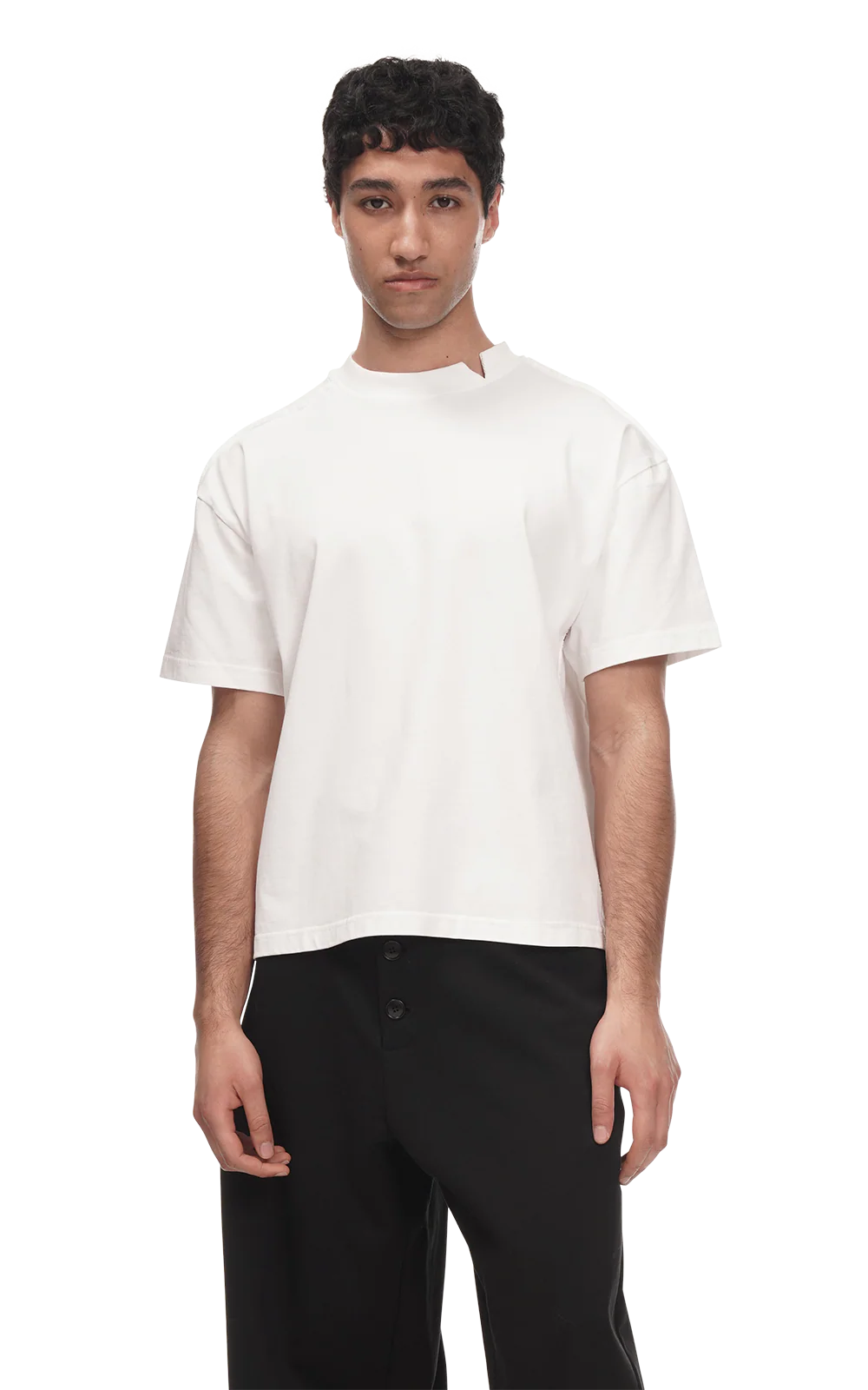 Man wearing a white t-shirt and black pants on a white background
