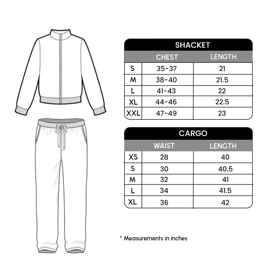 Measurement chart for a jacket and pants set with size charts on a white background