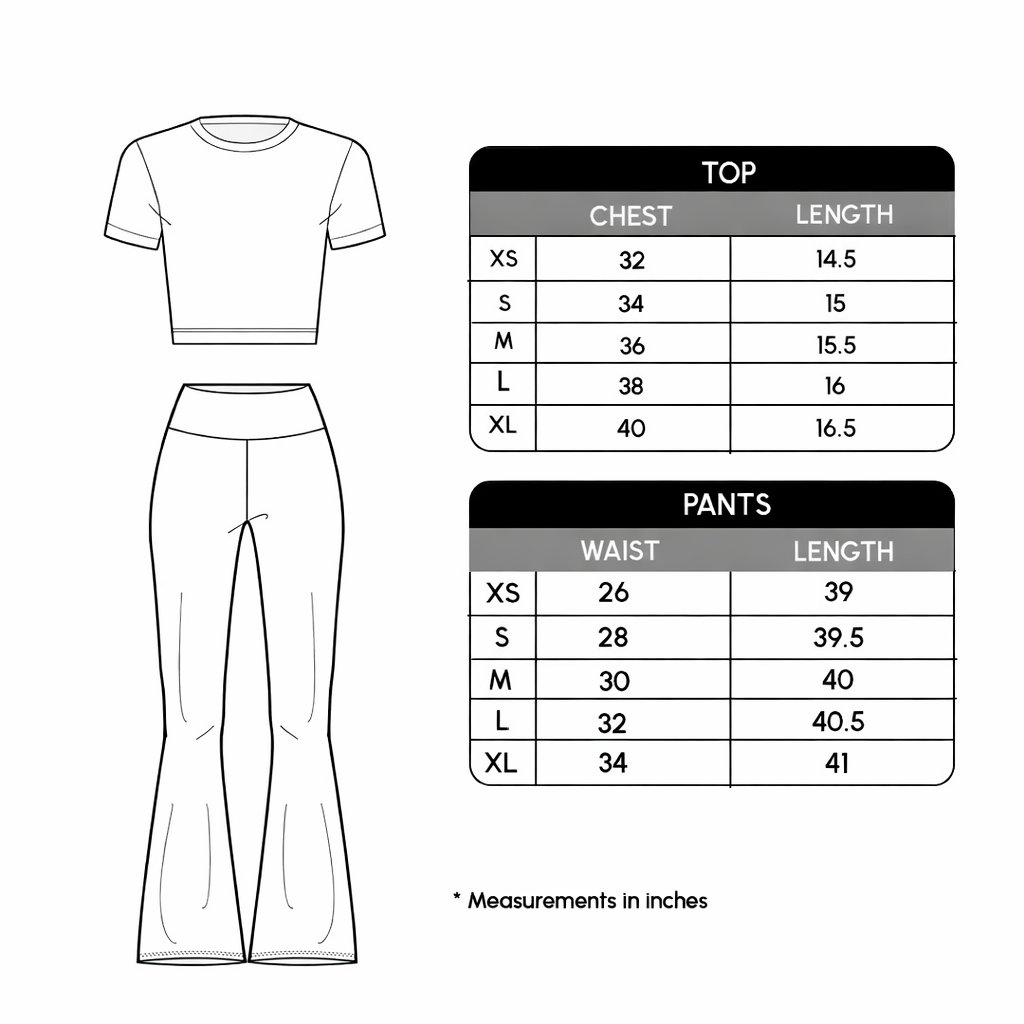 Size chart for Soft Lounge Fold Over Pant And Raglan Top
