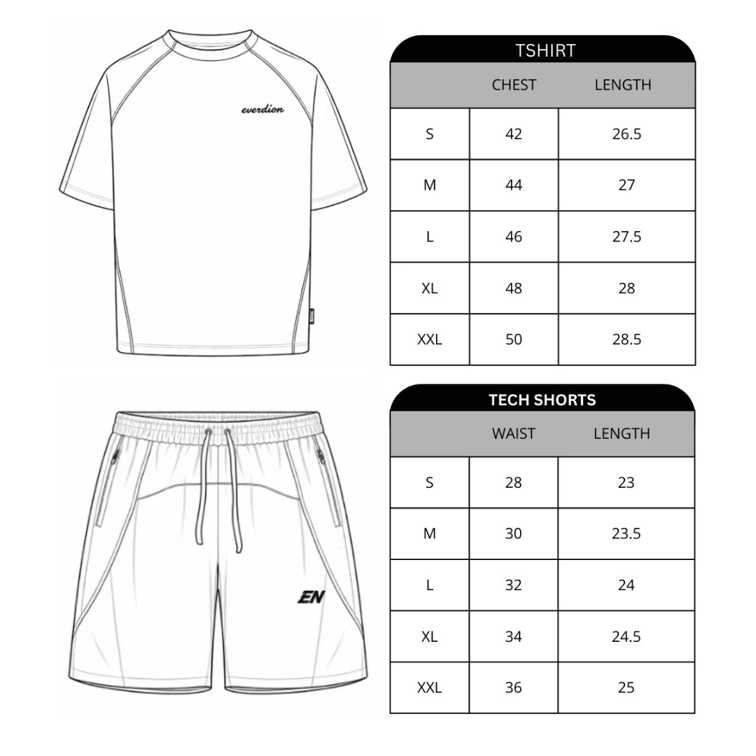 Size chart for Sports Tech T-Shirt and Shorts