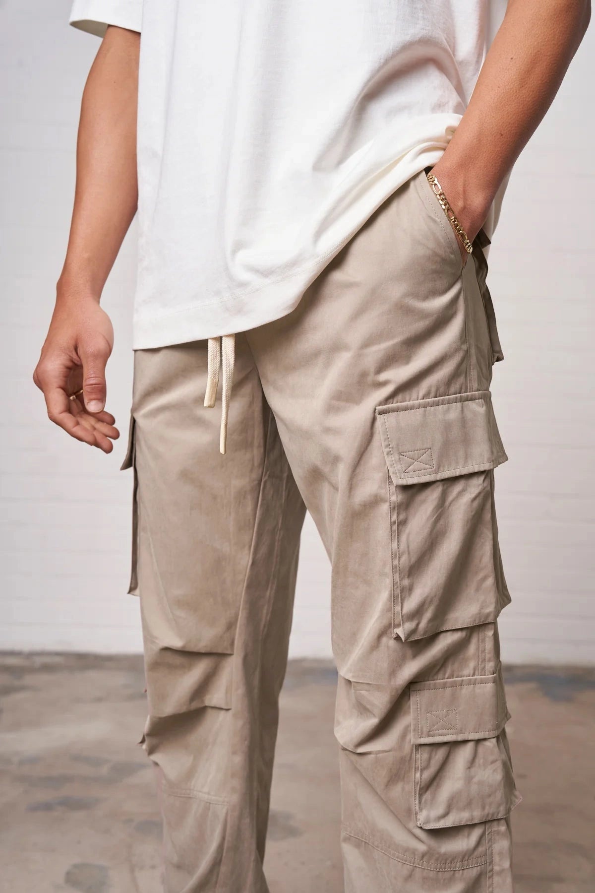 Rodeo Beige Cargo Pant with adjustable drawstring and pant with pockets