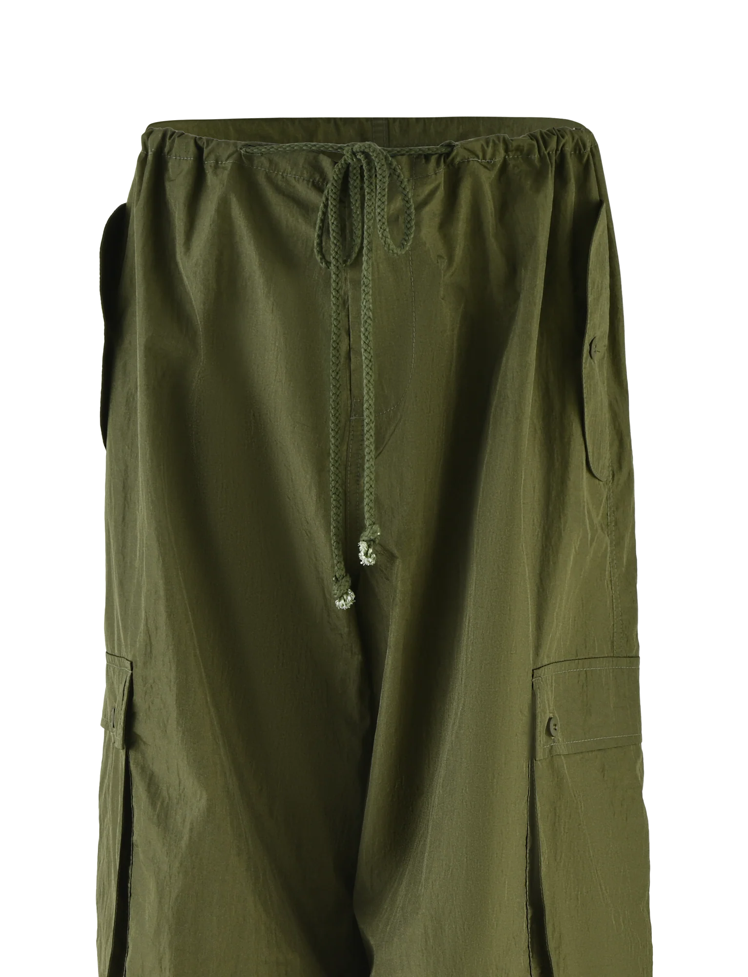 Green cargo pants with a drawstring on a white background