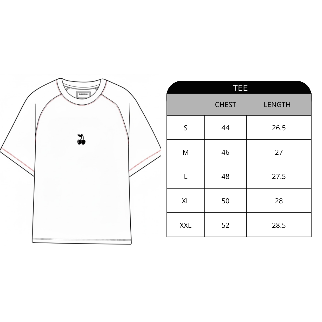 White t-shirt with a small logo on a white background, next to a size chart for the t-shirt.