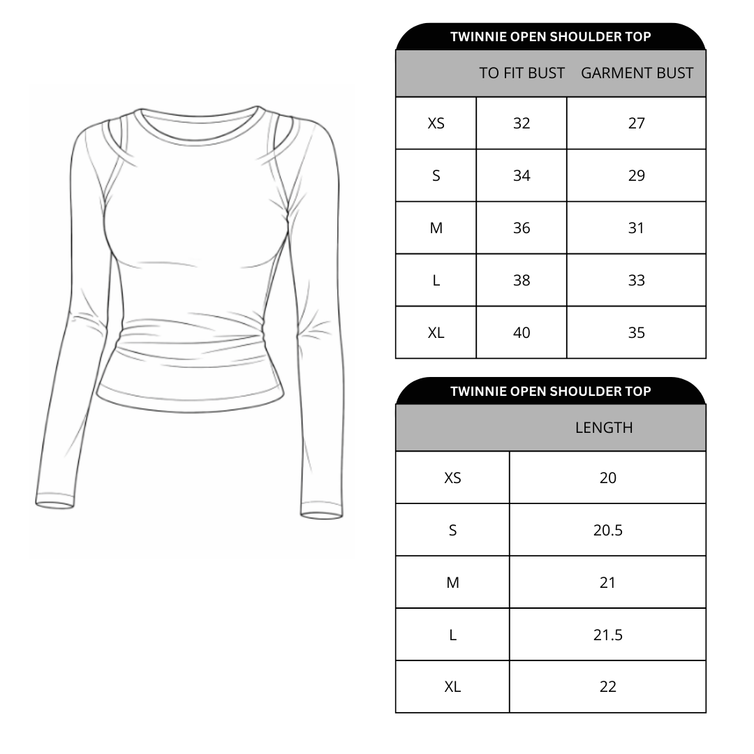 Size chart for Twinnie Open Shoulder Top
