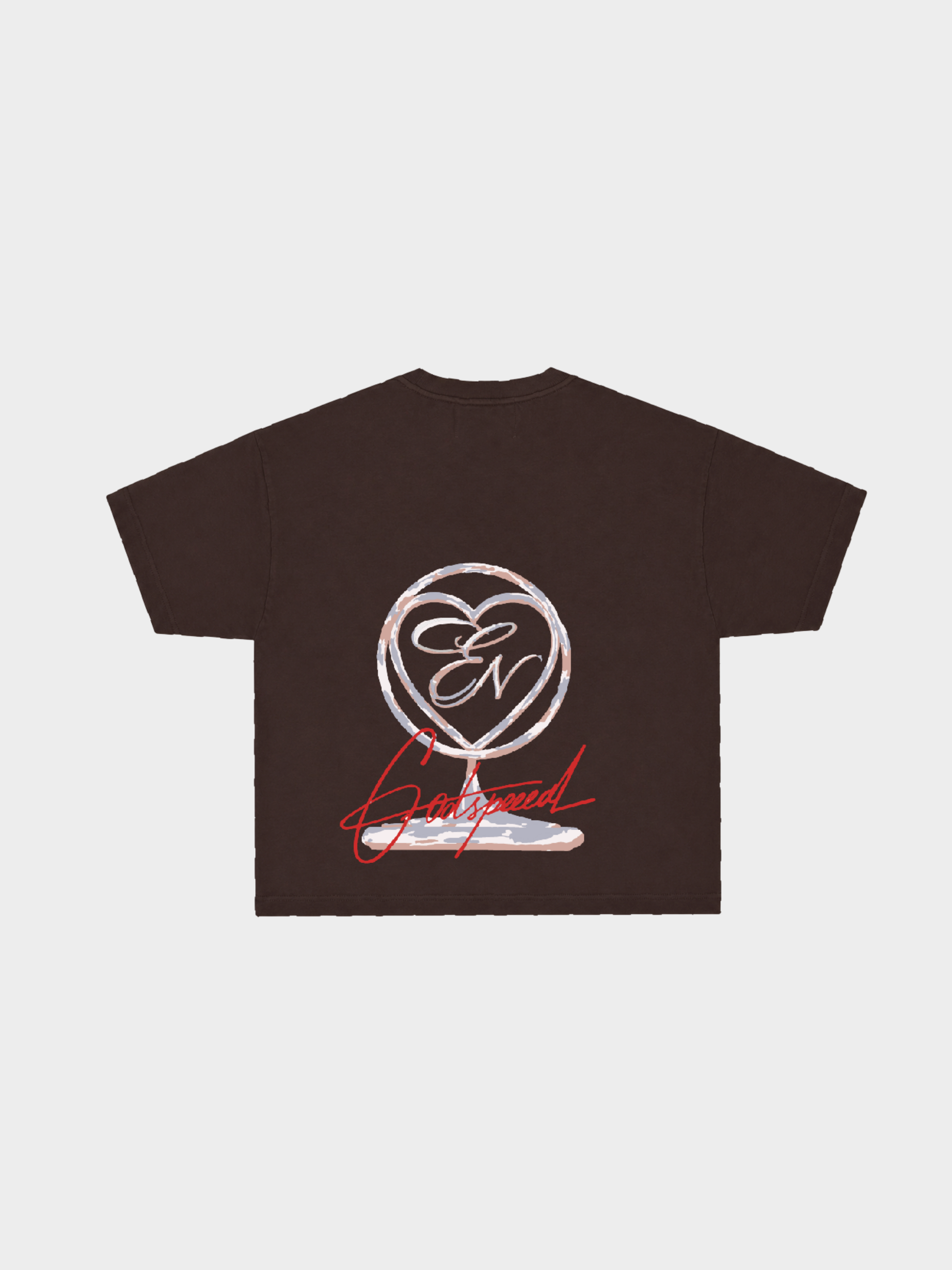 Black t-shirt with a logo and text on the back against a light grey background