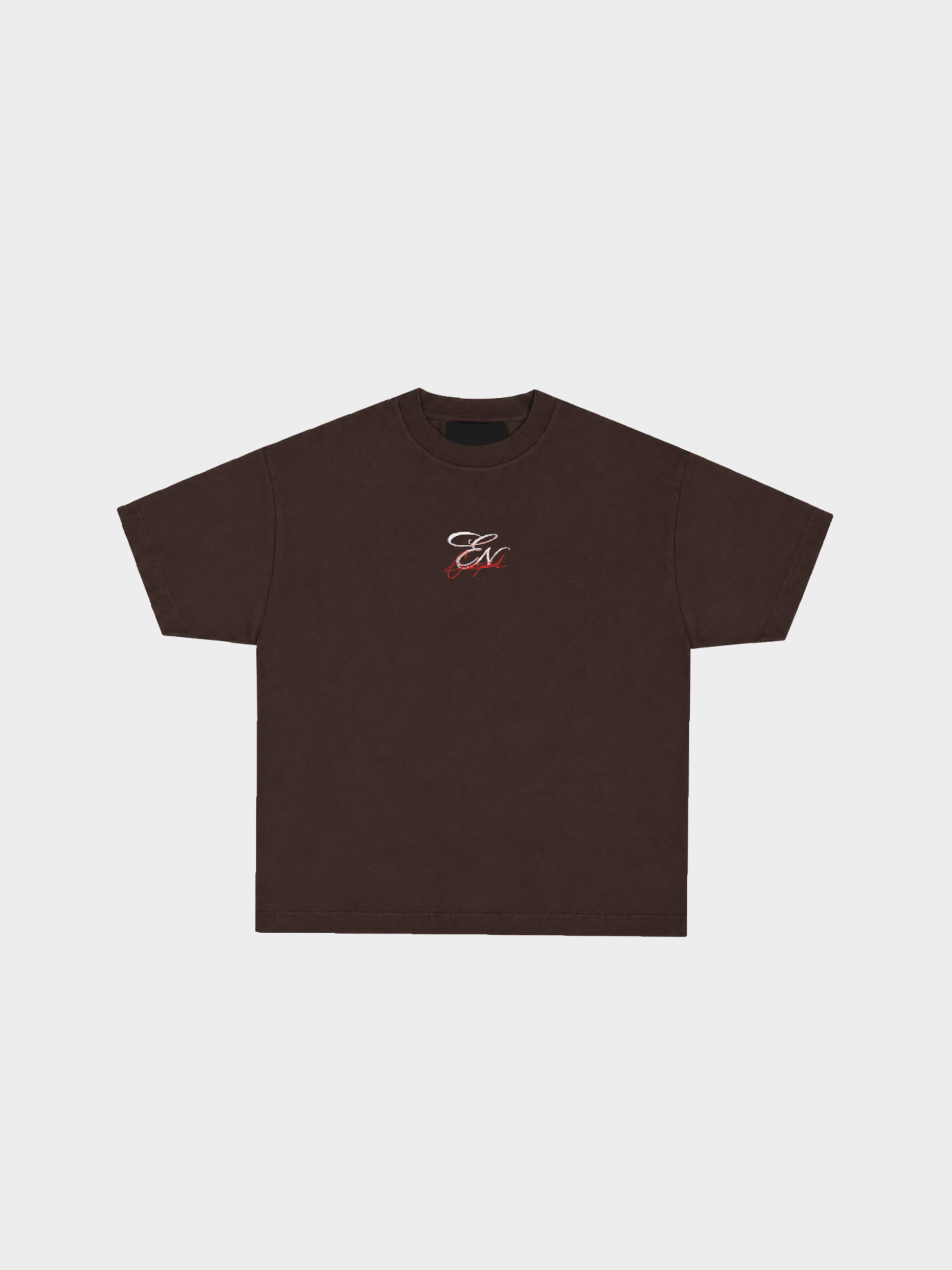 Brown t-shirt with a logo on a light grey background