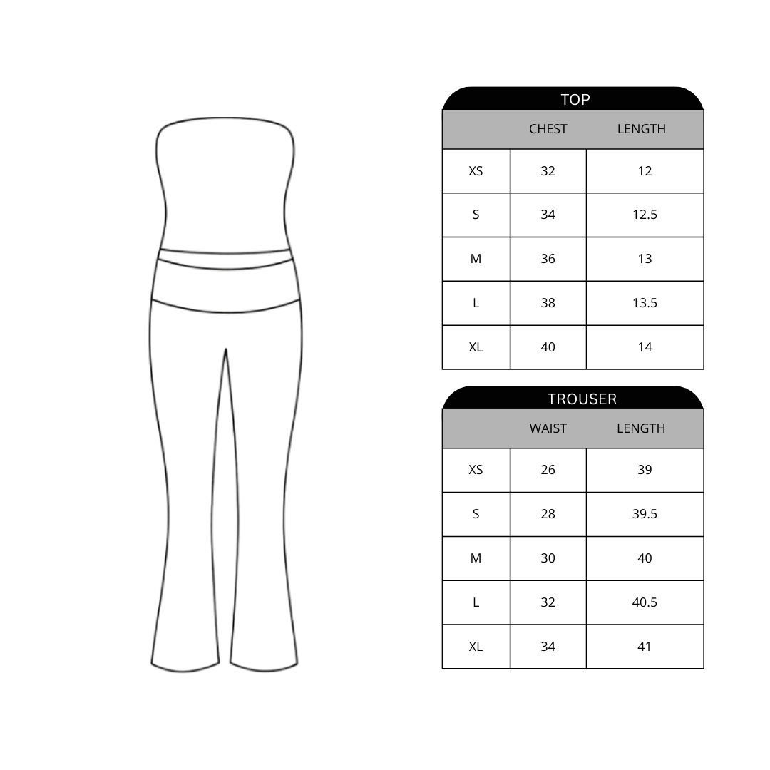 Measurement chart for top and trousers with size chart on a white background
