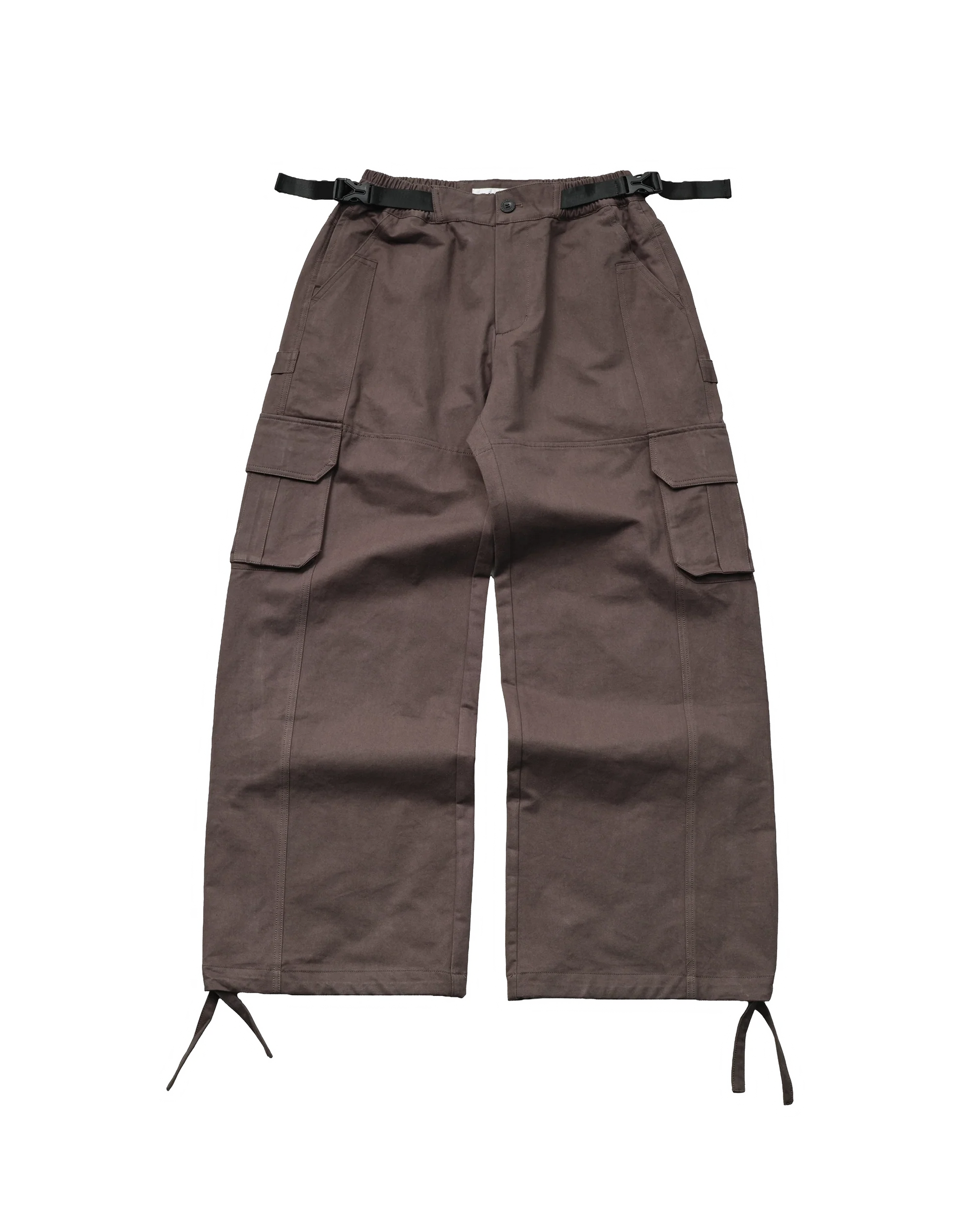 Brown cargo pants with multiple pockets and a belt on a white background