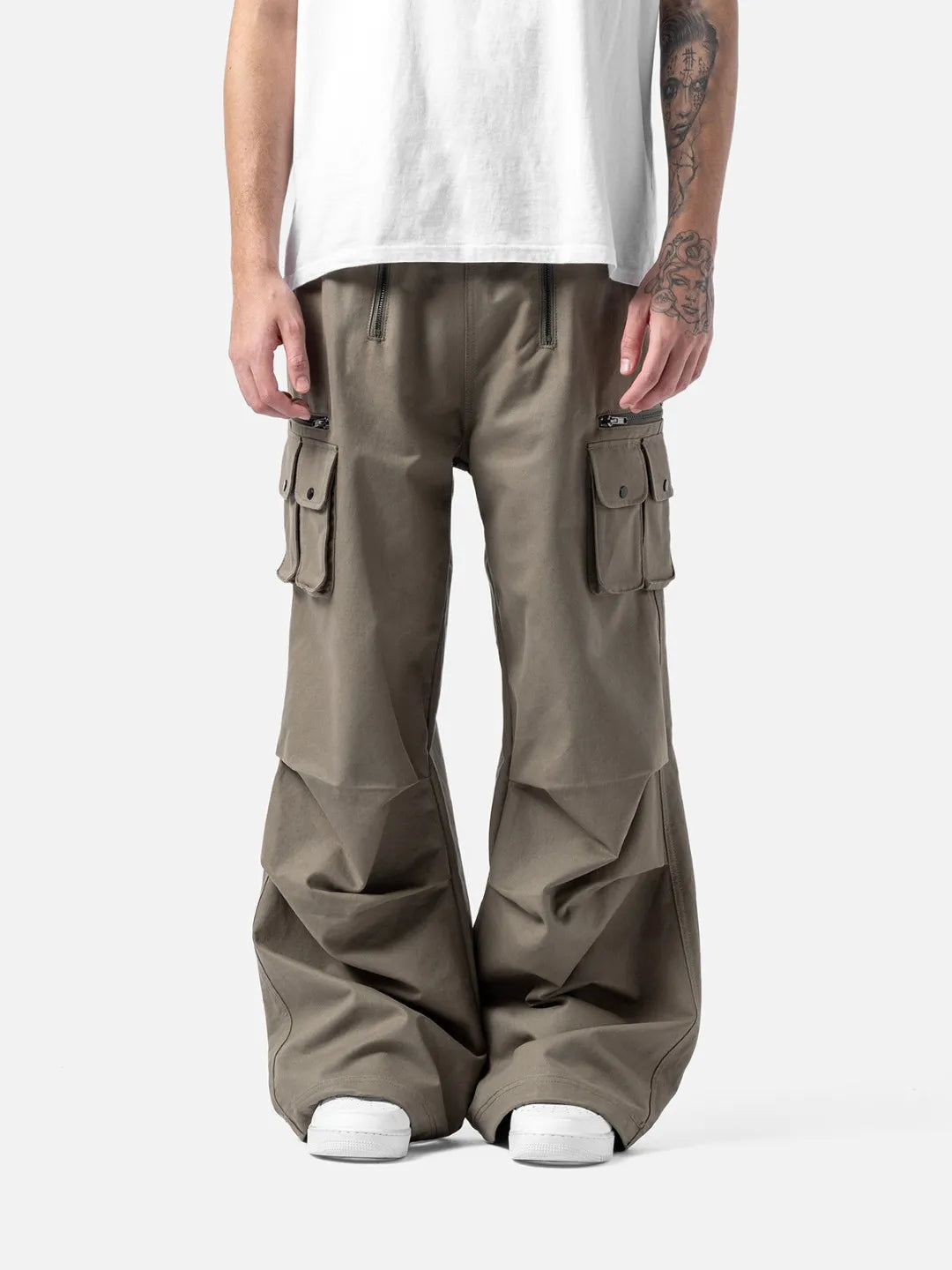 cargo pants with adjustable drawstrings and pockets on a white background