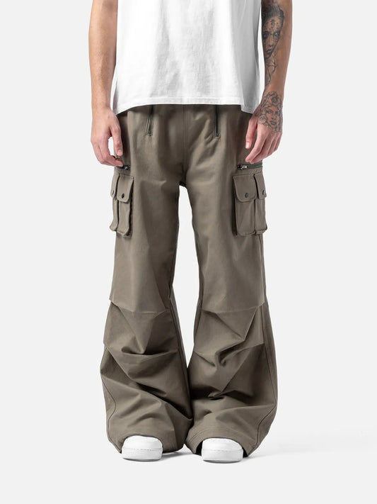cargo pants with adjustable drawstrings and pockets on a white background