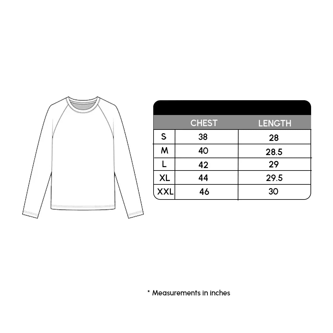 Measurement chart for a long-sleeve shirt with chest and length dimensions.