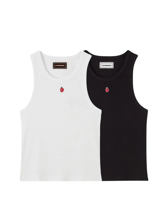 Black and white tank tops with a brand label on a white background