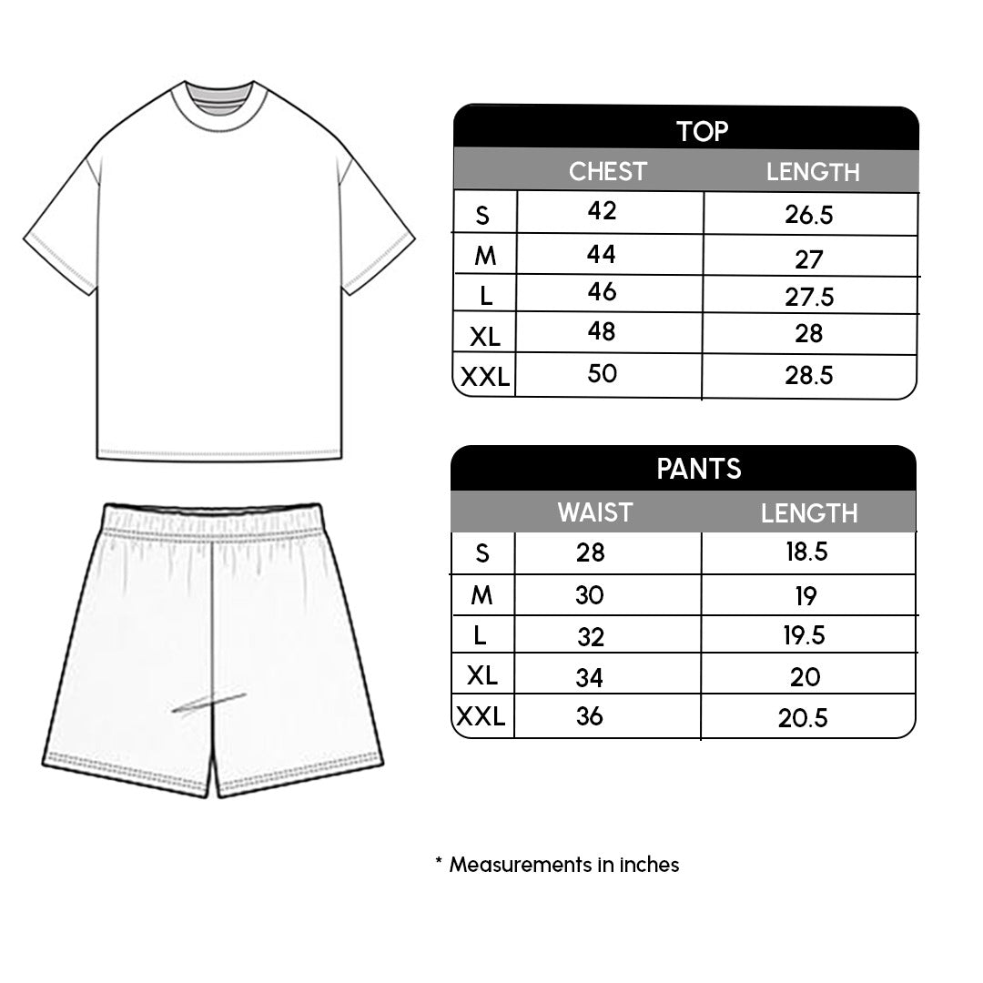 Size chart for Rich Half Boxy Shirt and Shorts