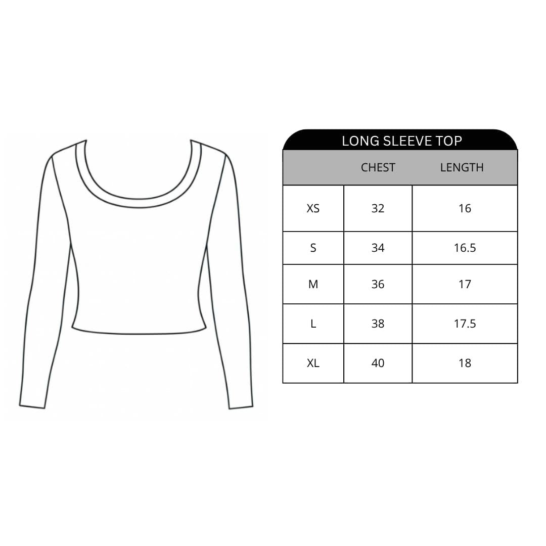 Long sleeve top with size chart on a white background