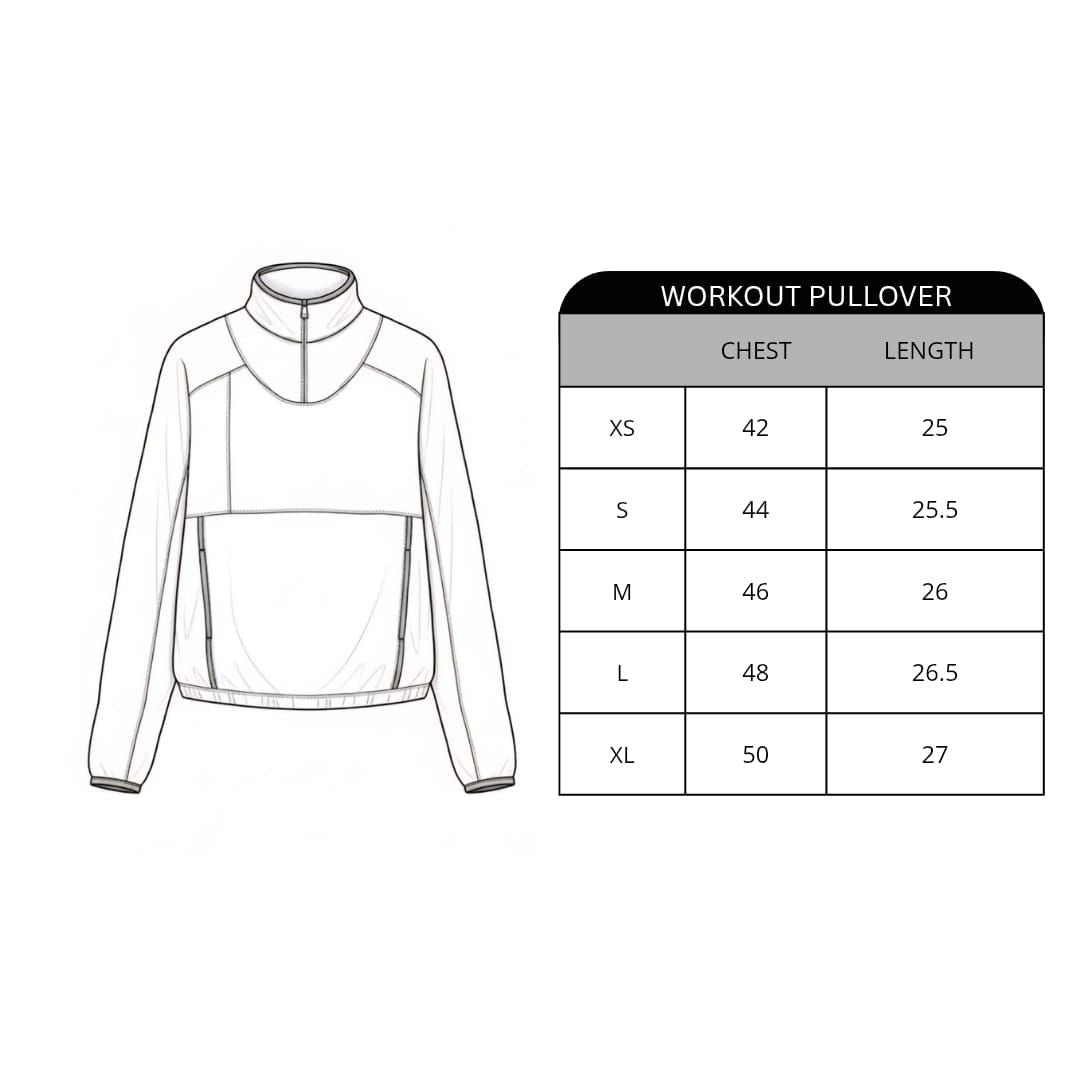 Outline of a workout pullover with size chart on a white background
