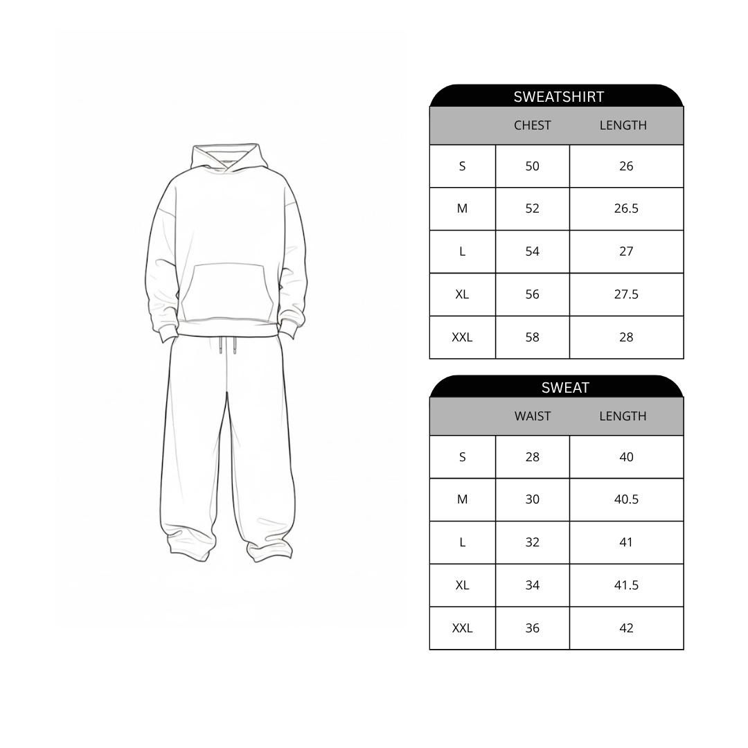 Measurement chart for sweatshirt and sweat with a white background