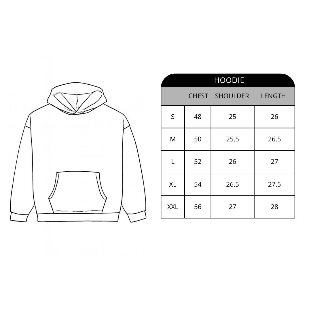 Hoodie with a measurement chart on a white background